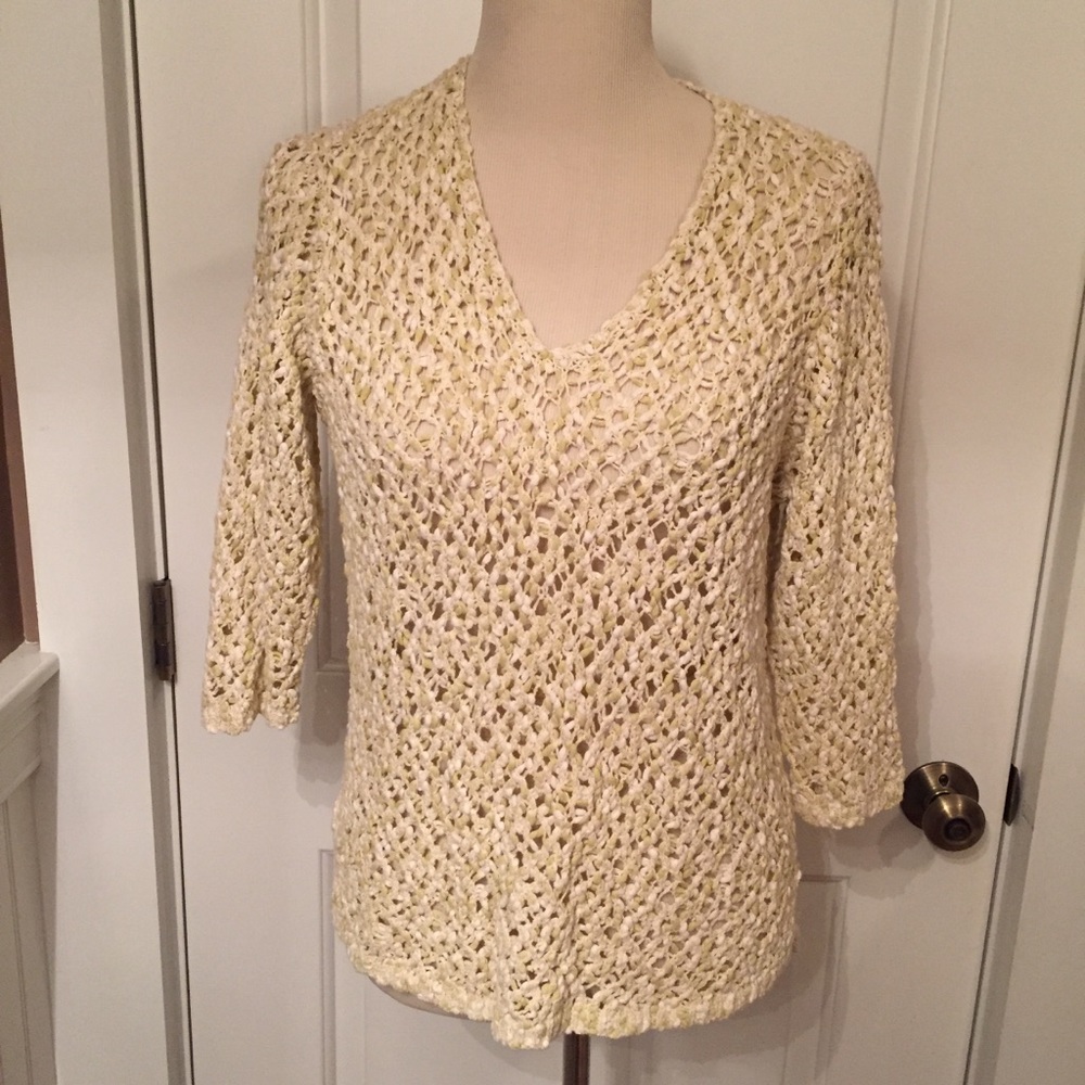 J. JILL NEW SWEATER V-NECK OPEN KNIT LEMONGRASS GREEN WHITE Size MP petite